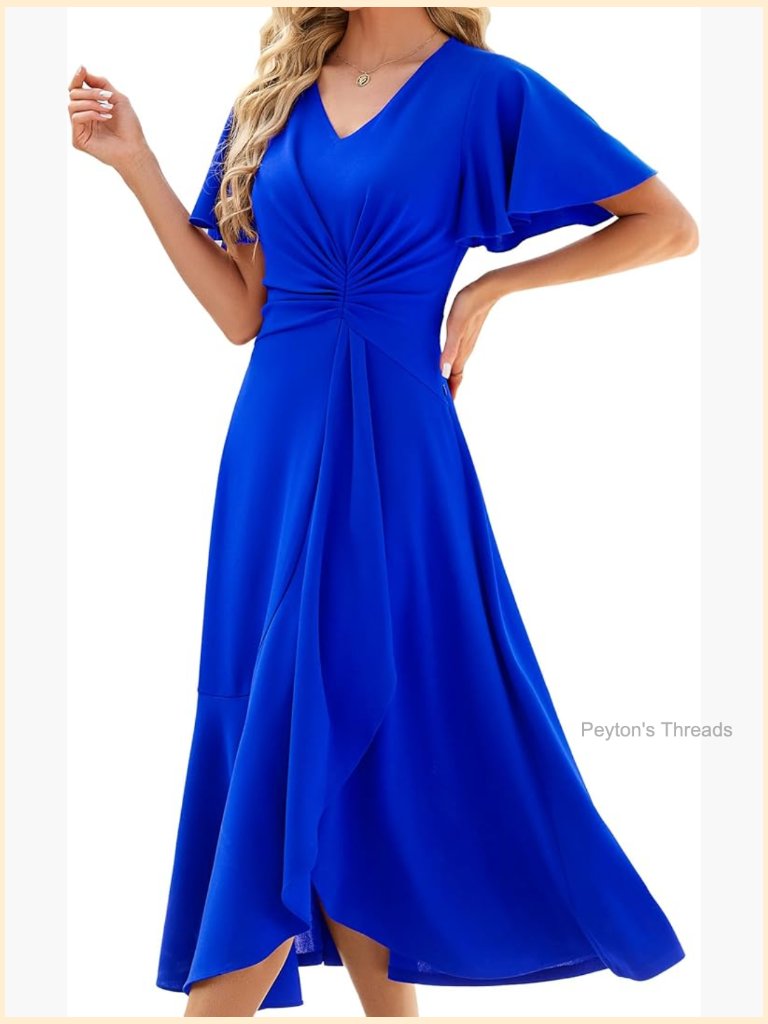 Formal Wedding Guest Dress With Pockets, A-Line Midi, Ruffle Sleeve, V-Neck,